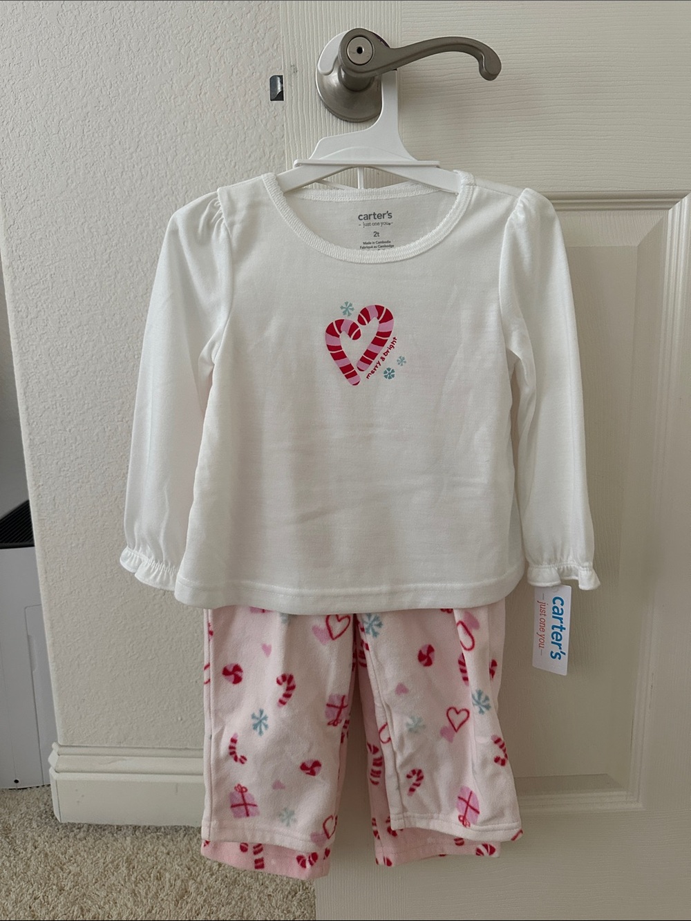 Carter's White Top and Pink Candy Cane Heart Pajama Set